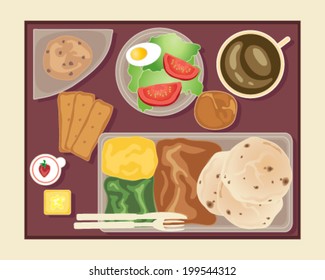 a vector illustration in eps 10 format of a tray of food served on an aeroplane including cup of coffee salad crackers butter jam bread bun and an asian meal with chapatis on a beige background