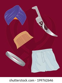 A Vector Illustration In Eps 10 Format Of The Five Ks Of Sikhism Kesh Kirpan Kangha Kara And Kachera Which Are Turban For Uncut Hair Dagger Comb Bracelet And Undergarment On A Maroon Background