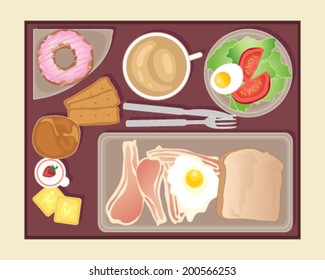 a vector illustration in eps 10 format of a tray of food served on an aeroplane including cup of tea salad brunch meal with jam butter crackers and an iced doughnut ring