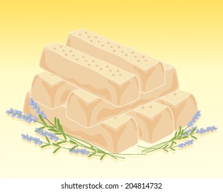 a vector illustration in eps 10 format of a stack of freshly made lavender shortbread with lavender decoration on a honey background
