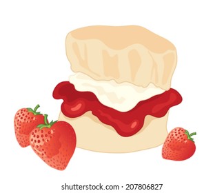 a vector illustration in eps 10 format of a delicious jam and cream scone with fresh strawberries on a white background