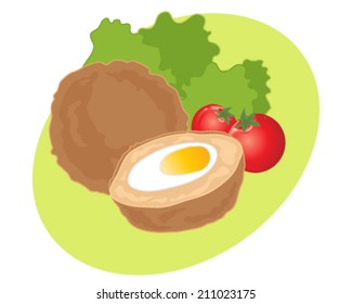 a vector illustration in eps 10 format of scotch eggs lettuce and tomatoes on a lime green background