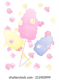 a vector illustration in eps 10 format of colorful cotton candy snacks with pink popcorn on a white background