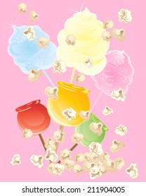 a vector illustration in eps 10 format of sweet snacks including cotton candy popcorn and candy apples on a pink background