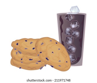 a vector illustration in eps 10 format of a stack of oatmeal and raisin cookies with a glass of cola and ice cubes on a white background