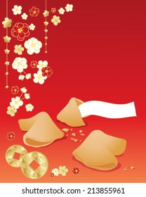 a vector illustration in eps 10 format of a chinese greeting card with fortune cookies blossom and golden coins on a red background