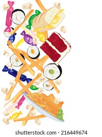 a vector illustration in eps 10 format of a variety of delicious fast food including sweets chips sushi rolls red velvet cake fish and chips and popcorn on a white background