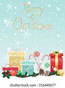 a vector illustration in eps 10 format of a christmas greeting card with wrapped gifts holly candy canes snowflakes and the words merry christmas on a cold jade blue background