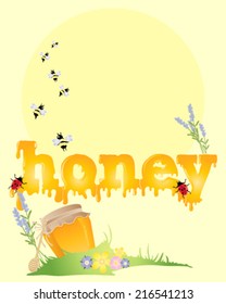 a vector illustration in eps 10 format of the word honey with bees flowers ladybugs and honey pot on a sunshine background