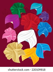 a vector illustration in eps 10 format of a variety of colorful sikh turbans on a red background