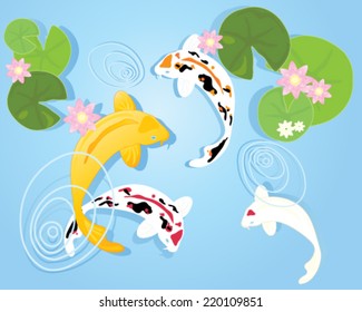 a vector illustration in eps 10 format of a group of colorful koi carp fish in a clear blue pond with lily pads and flowers