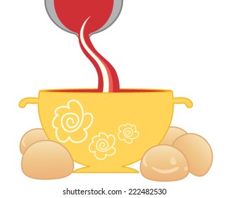 a vector illustration in eps 10 format of a ladel pouring tomato soup in to a yellow decorated bowl and crusty bread buns  on a white background