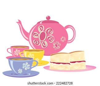 a vector illustration in eps 10 format of a pink teapot with matching tea cups and a plate of slices of victoria sponge cake on a white background