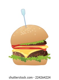 a vector illustration in eps 10 format of a delicious american slider burger in a bun with all the trimmings on a white background
