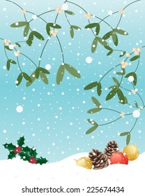 a vector illustration in eps 10 format of a Christmas greeting card with mistletoe berries foliage holly pine cones and baubles on a snowy background