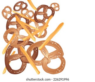 a vector illustration in eps 10 format of pretzel and french fries snacks scattered on a white background with space for text