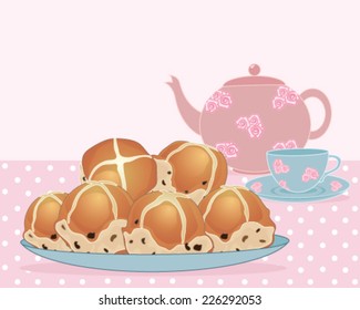 a vector illustration in eps 10 format of a plate of tea buns with tea pot and cup and saucer on a pink spotty tablecloth with space for text