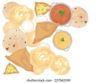 a vector illustration in eps 10 format of indian snacks including vegetable samosas vaada chapati idly and poori scattered on a white background