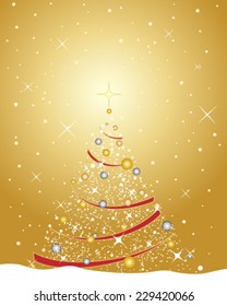 a vector illustration in eps 10 format of a festive christmas greeting card design including a golden themed decorated tree metallic baubles and red ribbon on a snowy background
