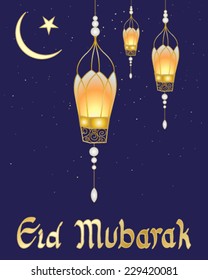a vector illustration in eps 10 format of a festive eid card with fancy lanterns crescent moon symbol and a starry dark sky