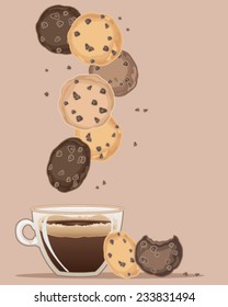a vector illustration in eps 10 format of chocolate chip cookies with a cup of coffee and crumbs on a brown background