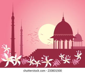 A Vector Illustration In Eps 10 Format Of A City Skyline In India With Historic Architecture And Jasmine Flower Design Under A Rose Sunset Sky