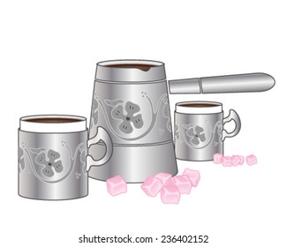 a vector illustration in eps 10 format of a fancy silver jug of turkish coffee with matching cups and squares of turkish delight on a white background