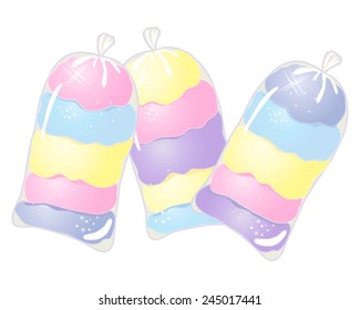 a vector illustration in eps 10 format of three clear bags of colorful cotton candy in pink purple blue and yellow on a white background