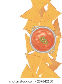 a vector illustration in eps 10 format of crunchy nachos with a tangy tomato dip and pepper garnish on a white background