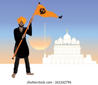 a vector illustration in eps 10 format of a proud sikh man dressed in a black salwar kameez with the sikh flag nishan sahib in front of a white gurdwara at sunset