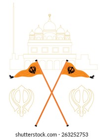 a vector illustration in eps 10 format of an abstract white and gold gurdwara with the sikh flags called nishan sahib in orange and black