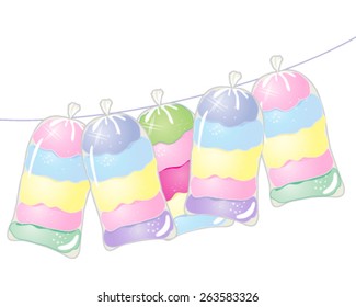 a vector illustration in eps 10 format of a line with bags of colorful cotton candy on a white background