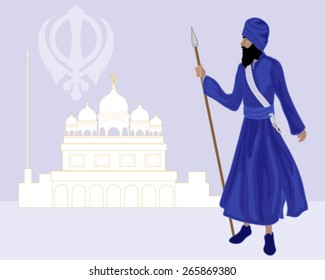 a vector illustration in eps 10 format of a khalsa sikh standing in front of a gurdwara wearing blue clothing and holding a spear on a purple background