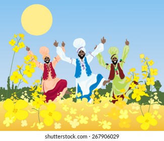 a vector illustration in eps 10 format of three colorful bhangra dancers in a punjabi landscape with mustard crop under a blue sky