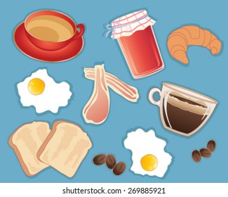 a vector illustration in eps 10 format of a food and beverages traditionally associated with breakfast including tea coffee jam croissant toast bacon and egg