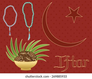 a vector illustration in eps 10 format of a ramadan greeting card with bowl of dates rosary beads and islamic symbol on a maroon spotty background