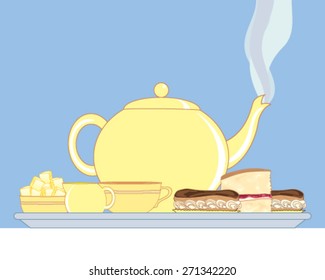 a vector illustration in eps 10 format of a tray with steaming teapot milk jug sugar bowl cup and delicious cakes on a white tablecloth ready for an english afternoon tea on a blue background