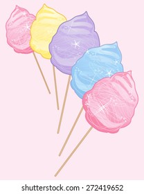 a vector illustration in eps 10 format of delicious sweet cotton candy in pink yellow purple and blue colors on a light pink background