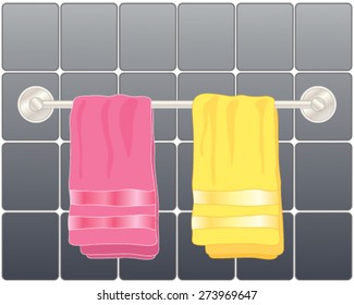 a vector illustration in eps 10 format of a modern steel towel rail with bright pink and yellow towels in front of dark glossy tiles