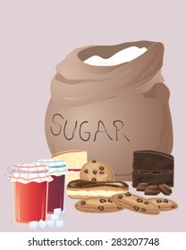 a vector illustration in eps 10 format of a sack of sugar with a group of cakes preserves and cookies on a brown background