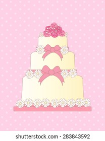 a vector illustration in eps 10 format  of a wedding invitation card with a tiered cake decorated with daisies ribbon and a posy of roses on a pink spotty background