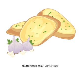 a vector illustration in eps 10 format of crunchy garlic bread with butter and garlic bulbs and cloves for decoration