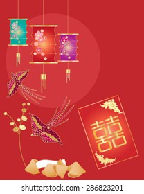 a vector illustration in eps 10 format of a chinese greeting card with lantern birds fortune cookies and money envelope on a red sun background