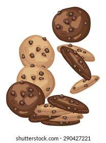 a vector illustration in eps 10 format of chocolate chip cookies with dark and light biscuit scattered on a white background