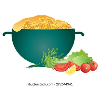 a vector illustration in eps 10 format of a big bowl of traditional macaroni with cheese topping and fresh salad garnish on a white background