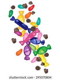 a vector illustration in eps 10 format of sweet colorful candy including jelly beans wrapped sweets and chocolate chips on a white background