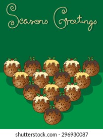 a vector illustration in eps 10 format of a christmas greeting card with traditional puddings on a green background with the words seasons greetings