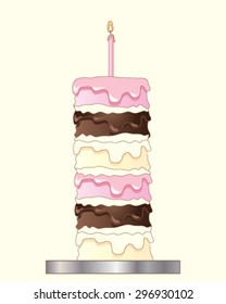 a vector illustration in eps 10 format of a layered party cake with vanilla chocolate and strawberry flavored frosting on a silver cake board