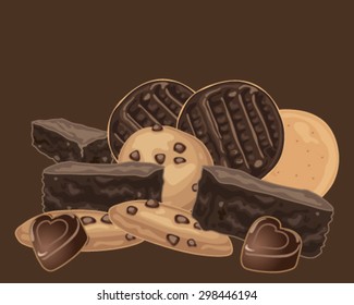 a vector illustration in eps 10 format of a stack of chocolate treats including chocolate chip cookies and chocolate brownies on a dark background