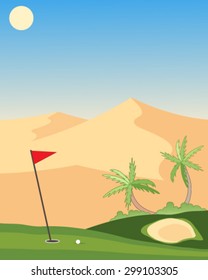 a vector illustration in eps 10 format of a lush green golf course with sand bunker putting green flag and ball in a desert landscape under a hot sun